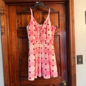 Hot Topic Pink Plaid Lace-Up Dress with Red Heart Accents